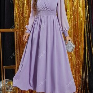 SHEIN Modely Shirred Lantern Sleeve Chiffon Prom Dress
